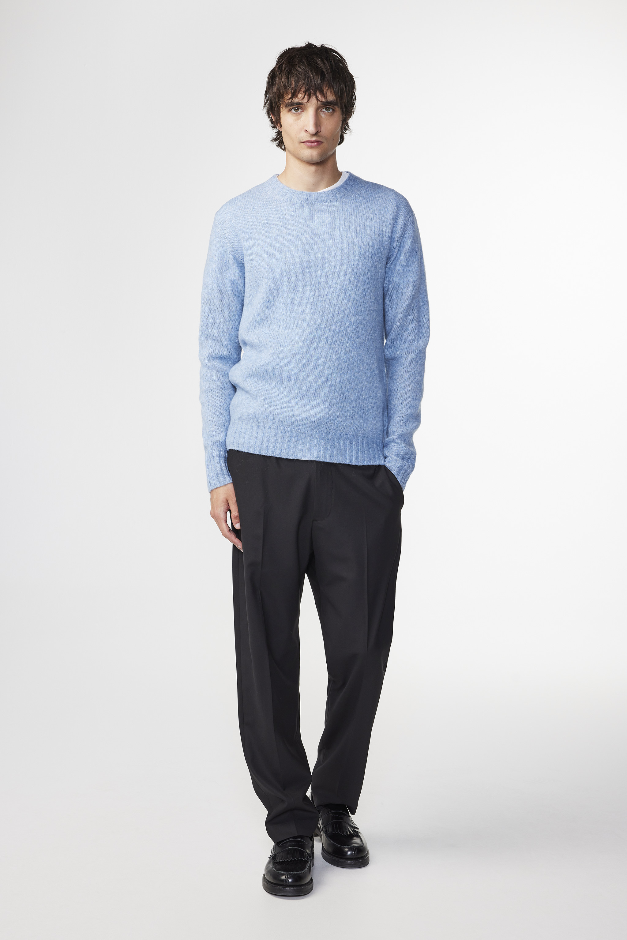 Blue sweater and black pants fashion